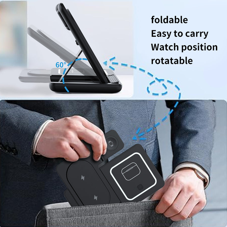 Charges flat. Stands tall. Folds away.